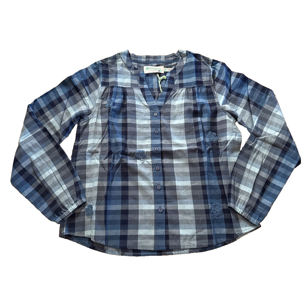 Aventura Women Organic Cotton Button Up Shirt Embroider Small Blue White Plaid